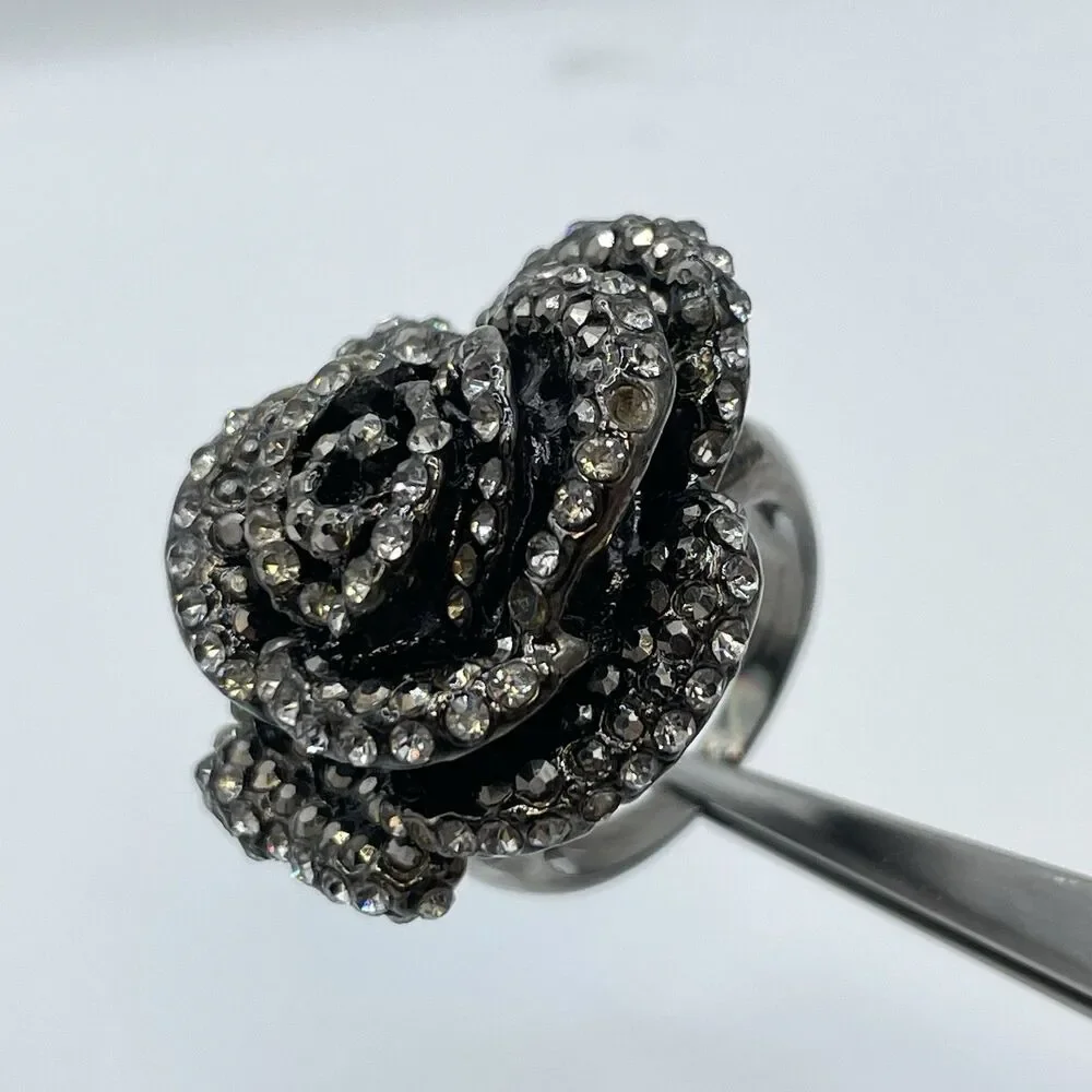 Blackened Metal Rose Shape Heavy Ring Gray Rhinestones Statement Bold Chunky  8